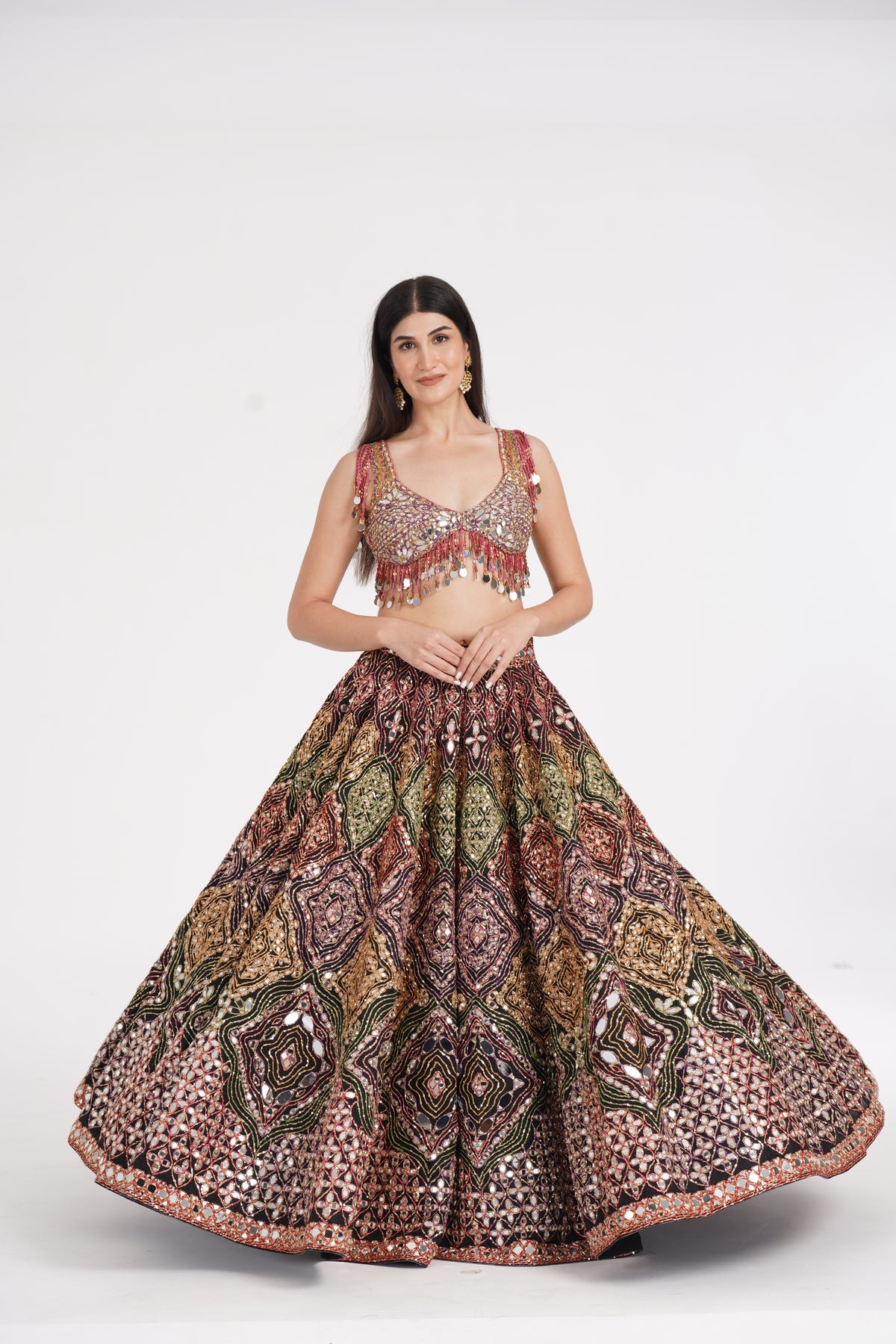 Abhinav Mishra - Matte black lehenga embellished using warm pastels
