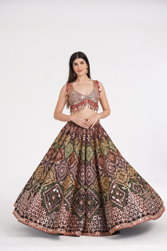 Abhinav Mishra - Matte black lehenga embellished using warm pastels