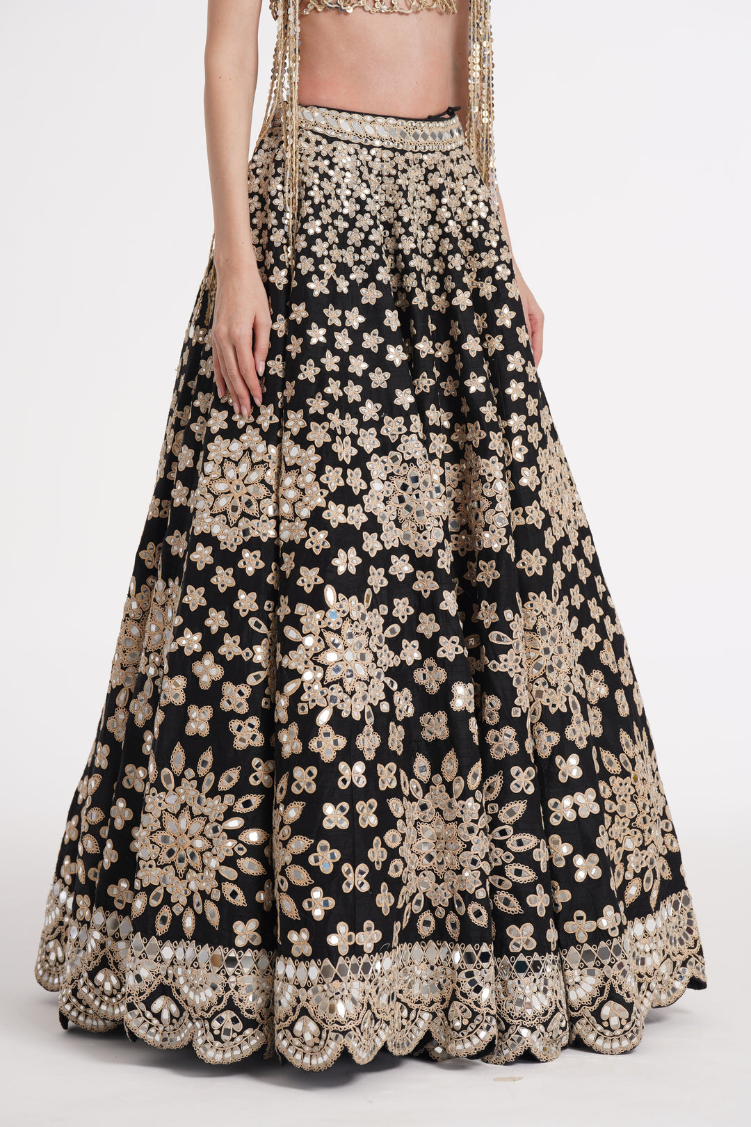 Abhinav Mishra - Matte black fringes blouse skirt set