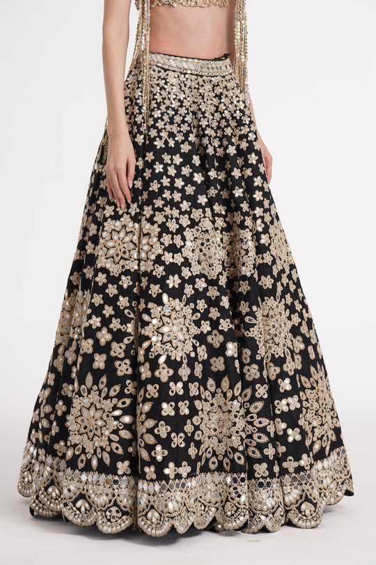 Abhinav Mishra - Matte black fringes blouse skirt set