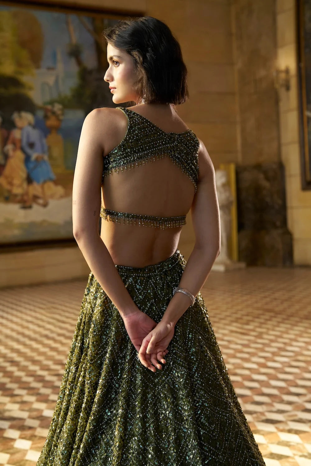 Seema Gujral - Moss Green Sequin Lehenga Set