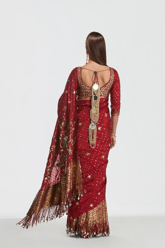 Abhinav Mishra - Shrine Vintage Red Saree Set