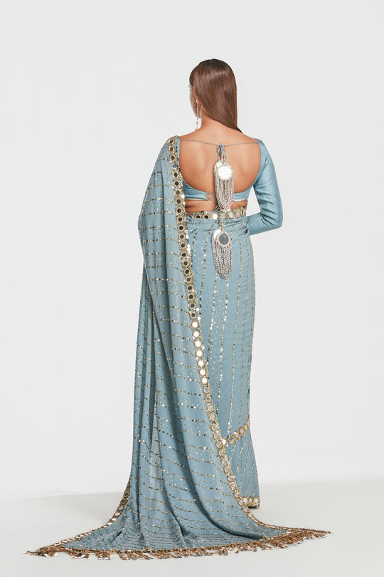 Abhinav Mishra - Shrine Alice Blue Saree Set