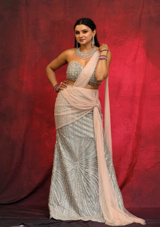 Myra – Silver Starlight Sequin Saree
