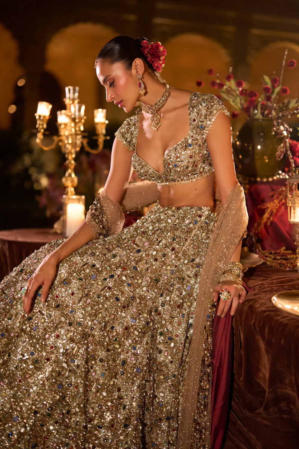 Seema Gujral - Antique Gold Jeweled Lehenga Set