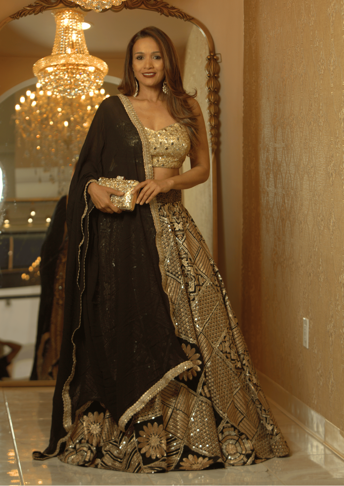 Gold Sequined Choli &amp; Geometric Print Silk Lehenga Set