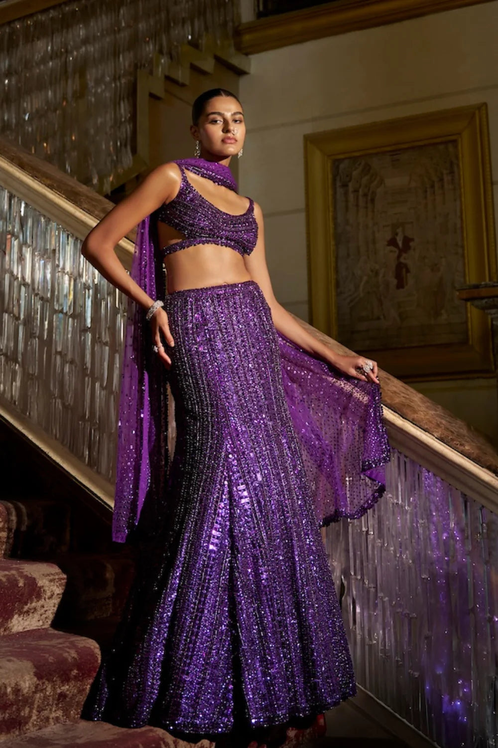 Seema Gujral - Purple Sequin Skirt Set