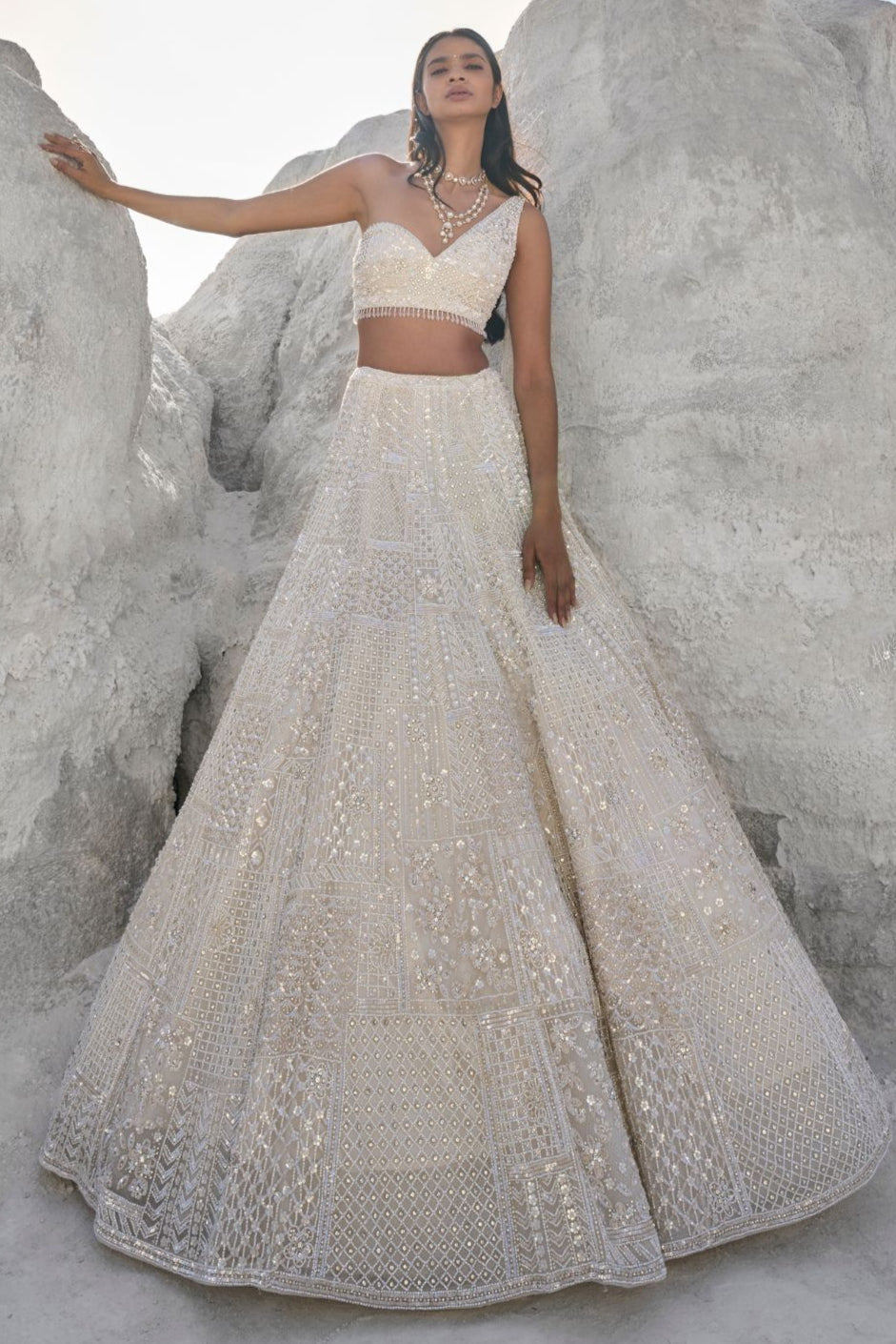 Seema Gujral - Ivory Pearl Lehenga Set