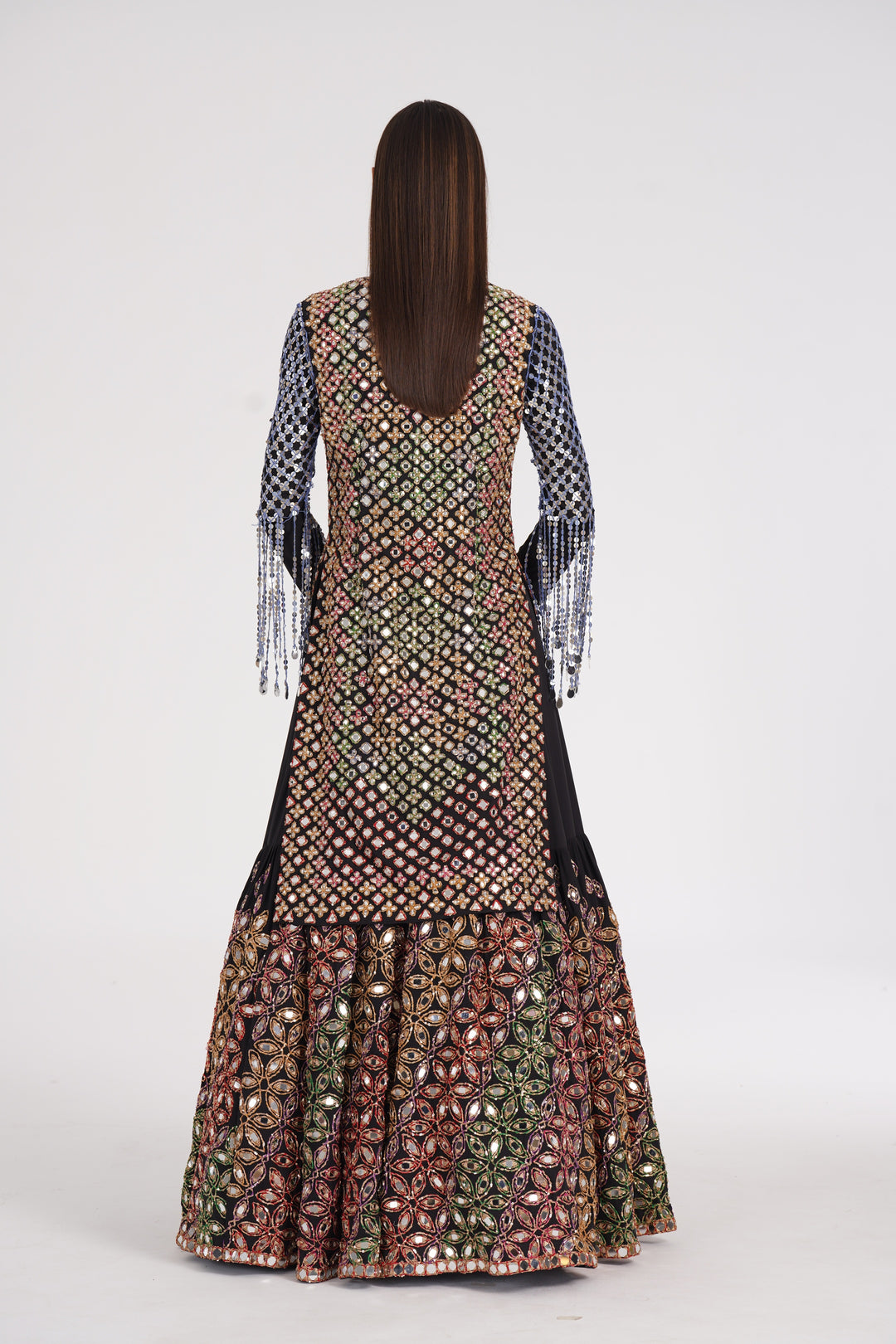 Abhinav Mishra - Matte Black Kurta Skirt Set Embroidered Using Warm Pastels