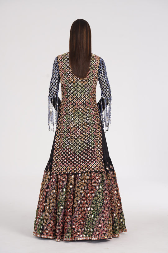 Abhinav Mishra - Matte Black Kurta Skirt Set Embroidered Using Warm Pastels