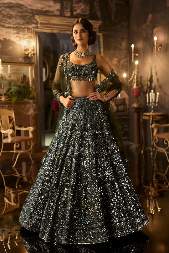 Seema Gujral - Dark Green Mirror Work Lehenga Set
