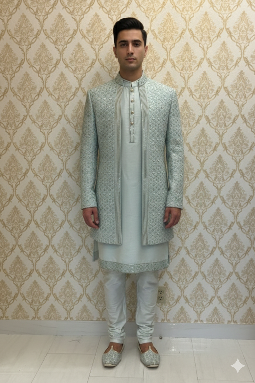 Pastel Icy Blue Sherwani Jacket