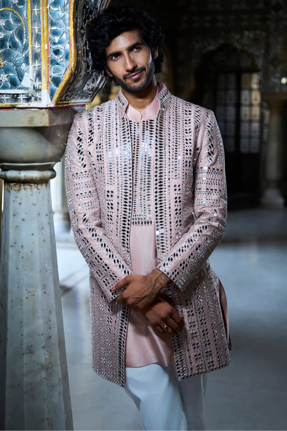 Seema Gujral - Rose Gold Mirror Work Open Jacket Set