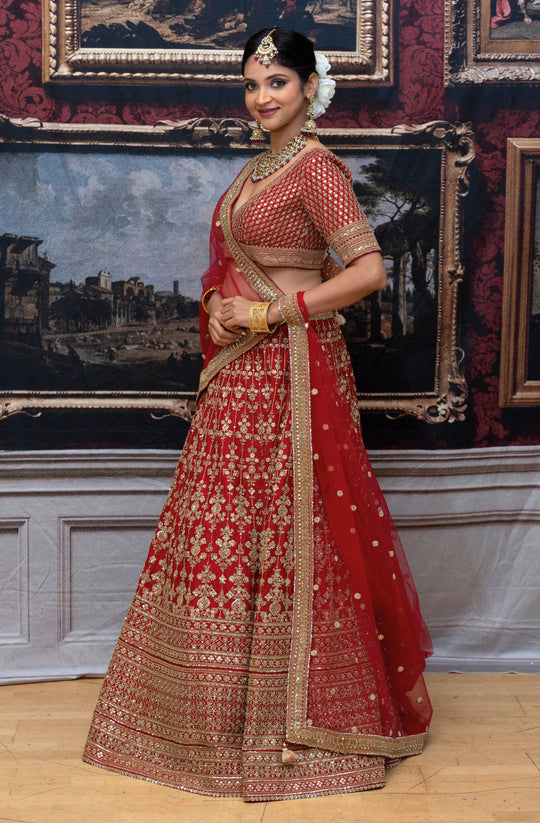Riya – Crimson Royale Zari Embroidered Lehenga