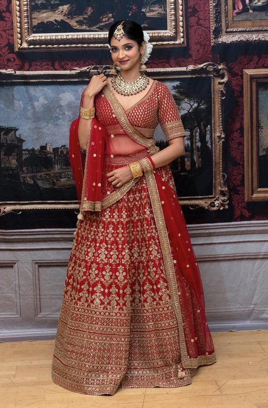 Riya – Crimson Royale Zari Embroidered Lehenga