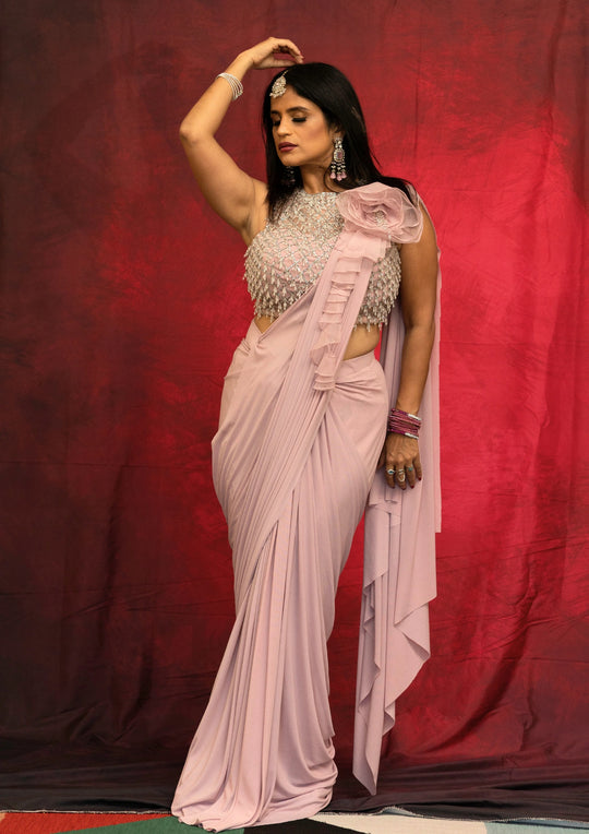 Aadhira – Blush Rosette Ruffle Saree