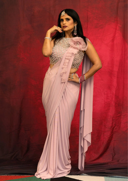 Aadhira – Blush Rosette Ruffle Saree