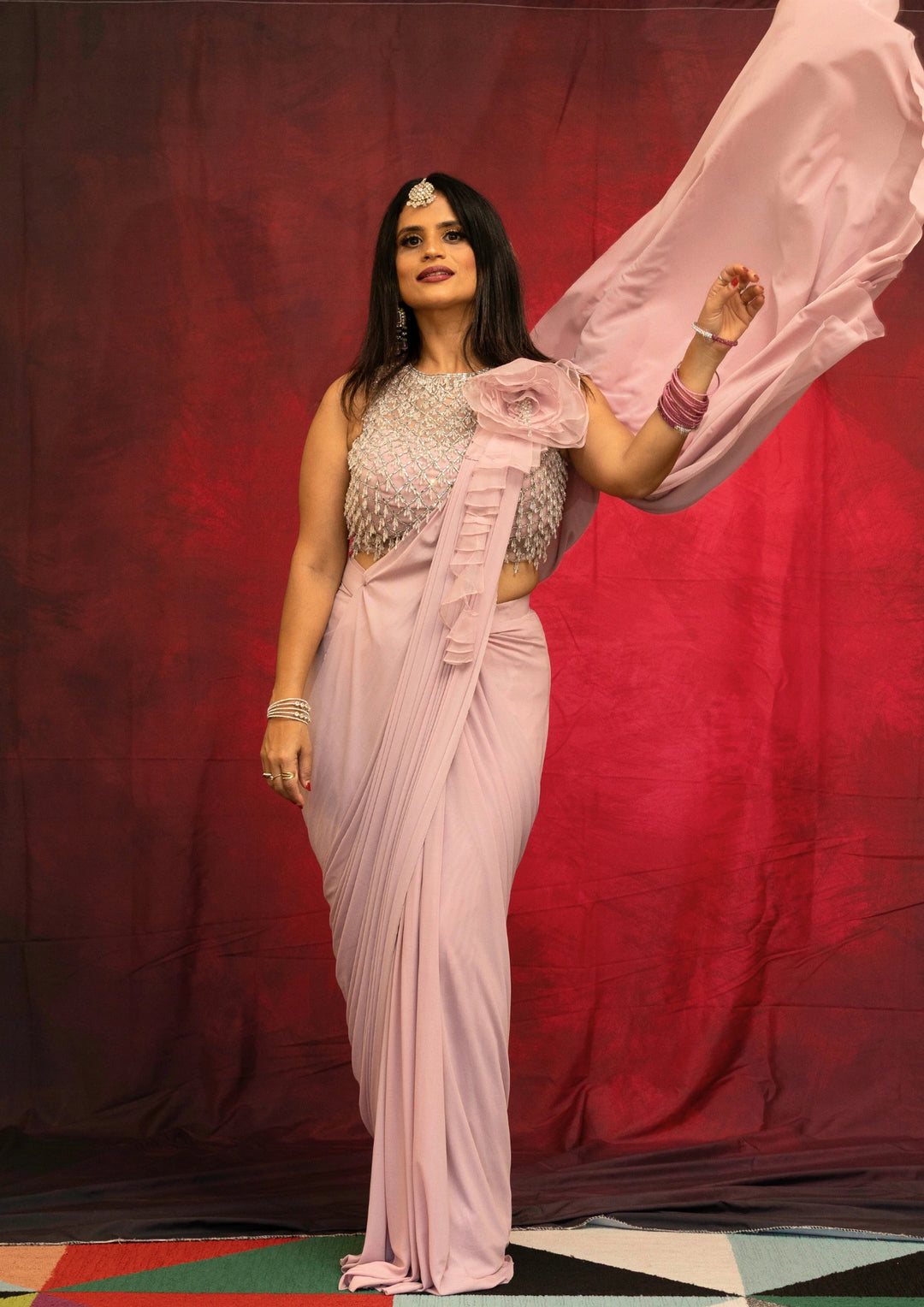 Aadhira – Blush Rosette Ruffle Saree