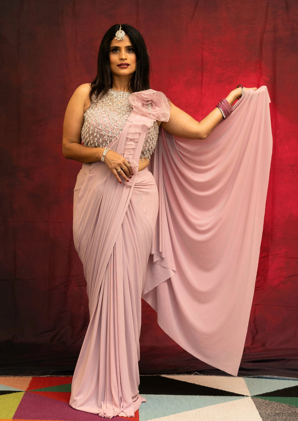 Aadhira – Blush Rosette Ruffle Saree