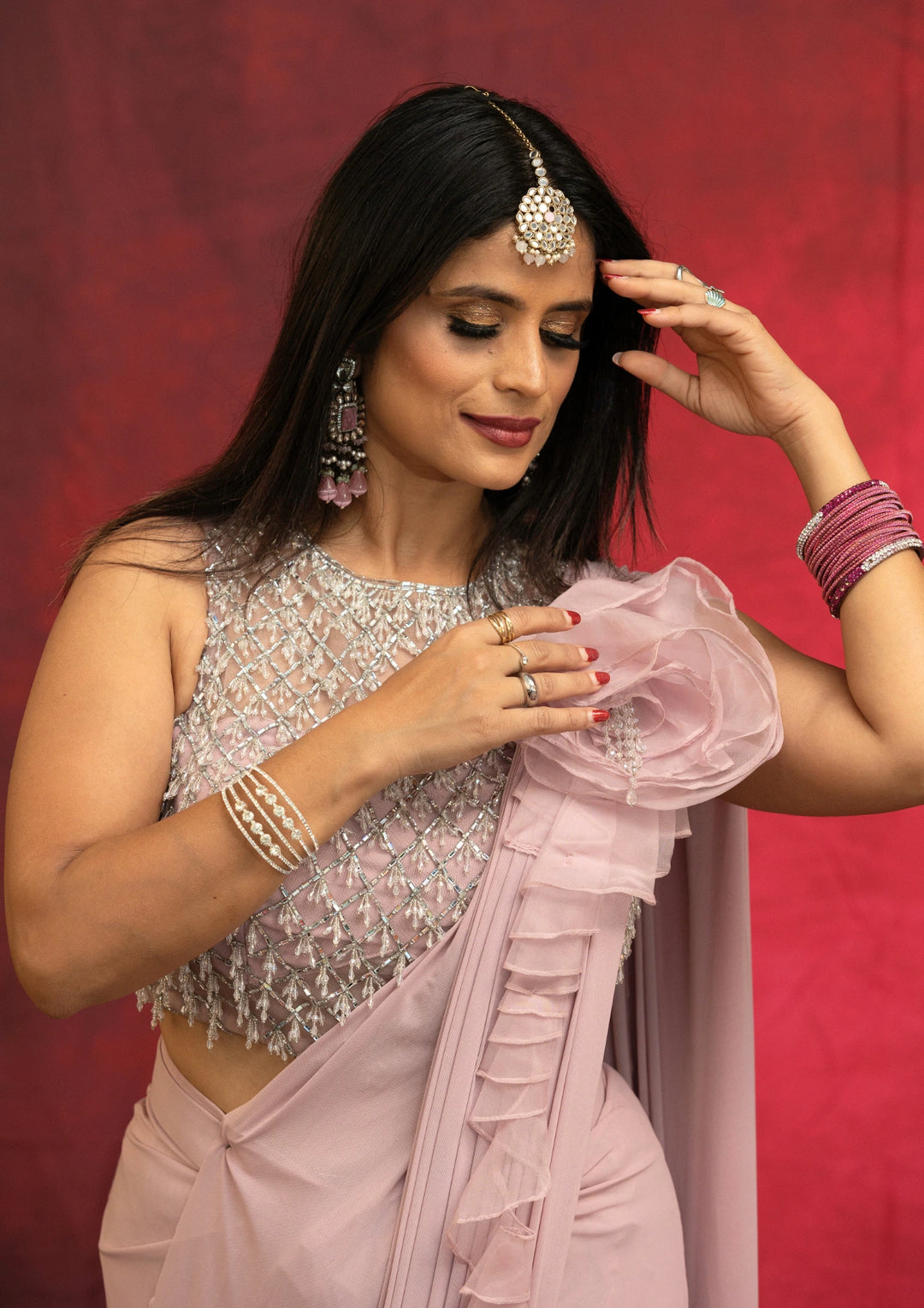 Aadhira – Blush Rosette Ruffle Saree