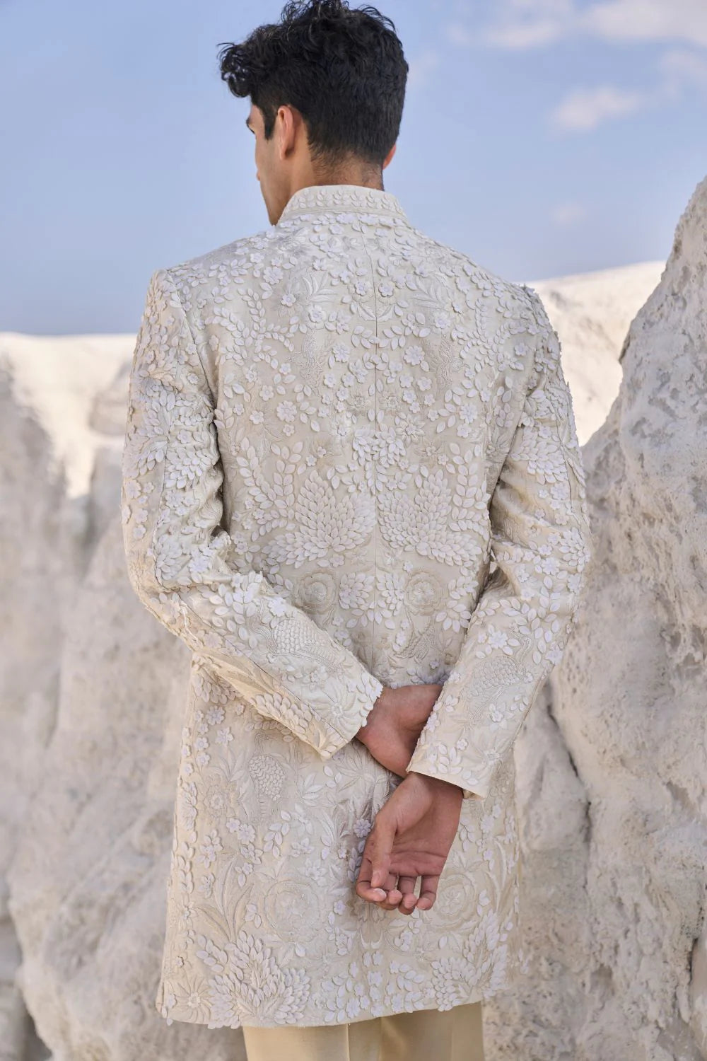 Seema Gujral - Cream Three Dimensional Floral Sherwani Set