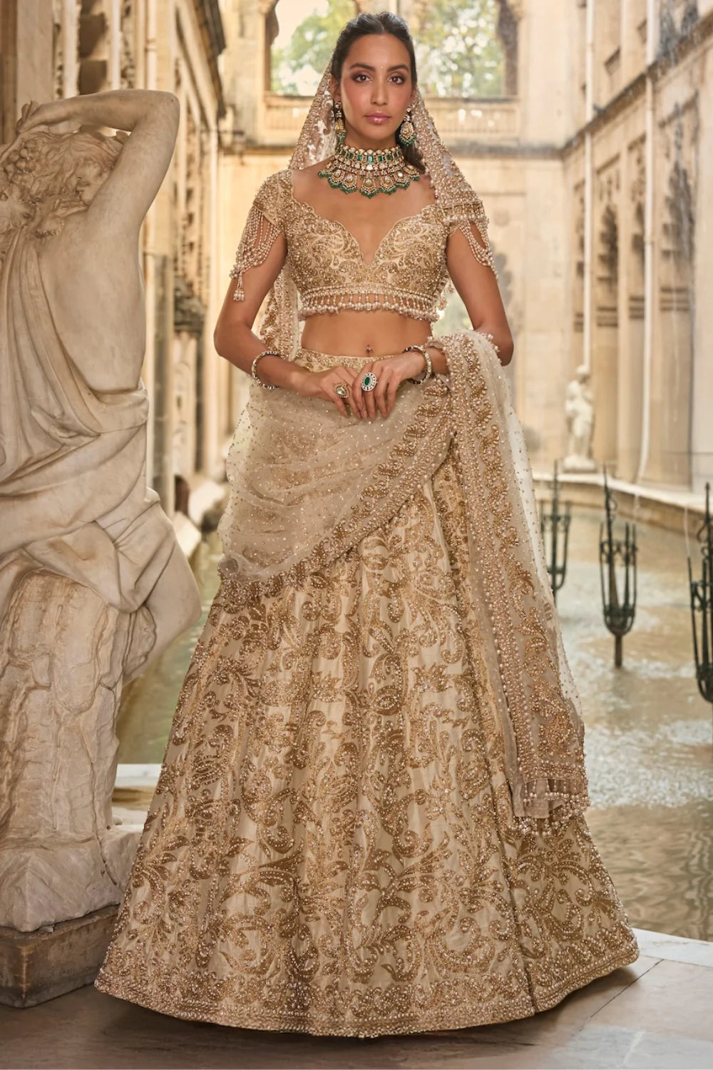 Seema Gujral - Beige &amp; Gold Lehenga Set