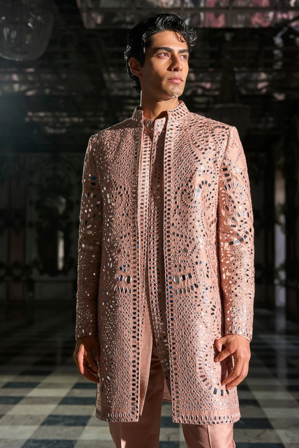 Seema Gujral - Rose Gold Mirror Work Sherwani Set