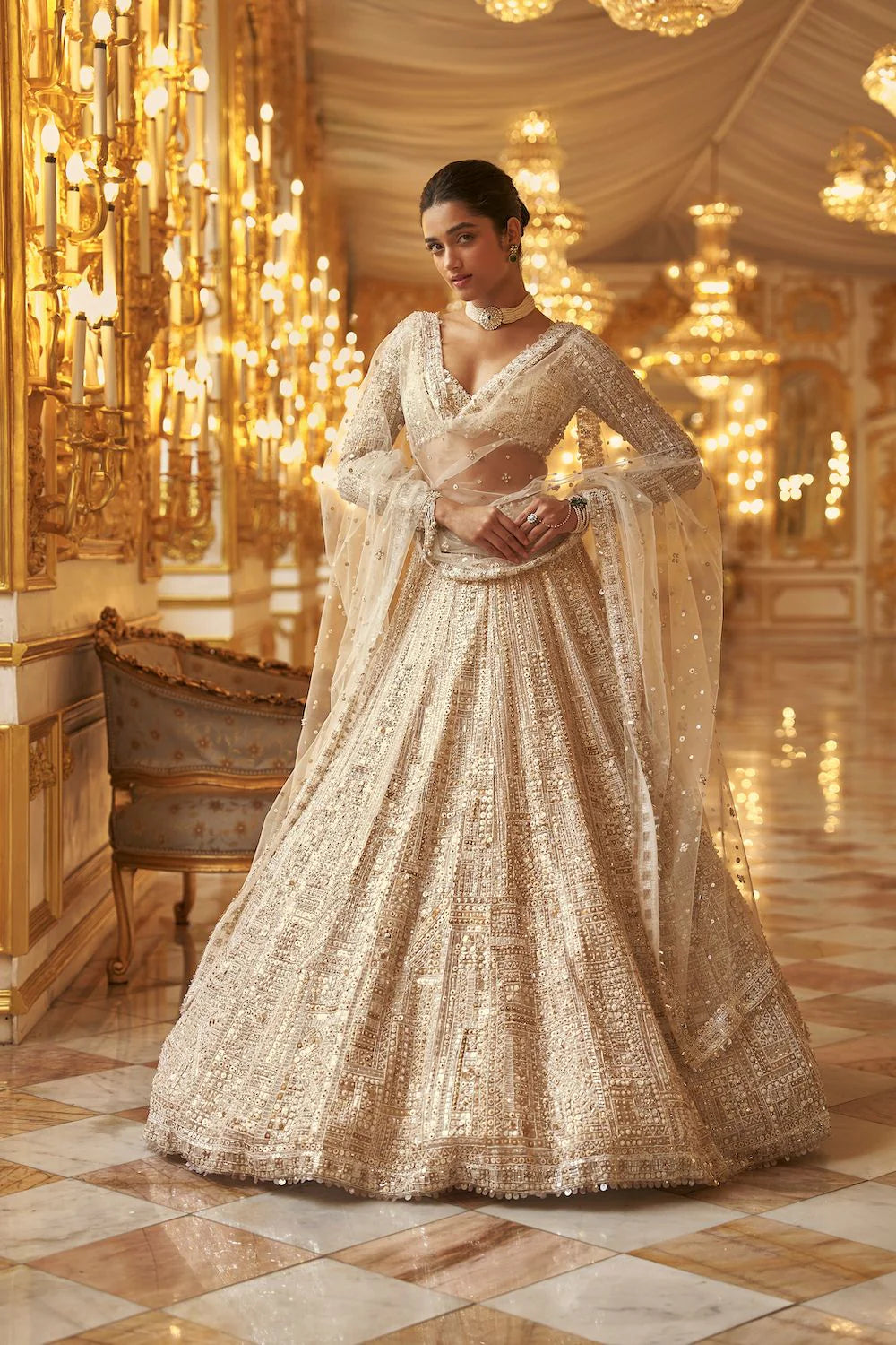 Seema Gujral - Ivory Gold Sequin Lehenga Set