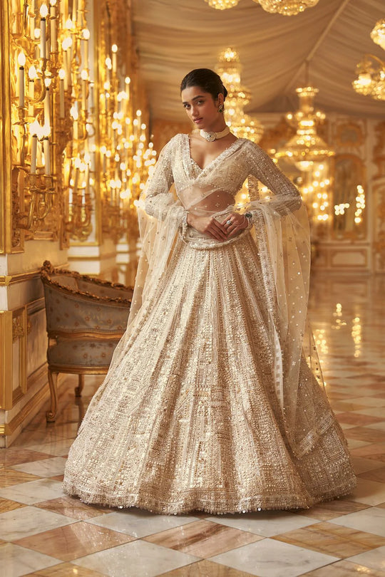 Seema Gujral - Ivory Gold Sequin Lehenga Set