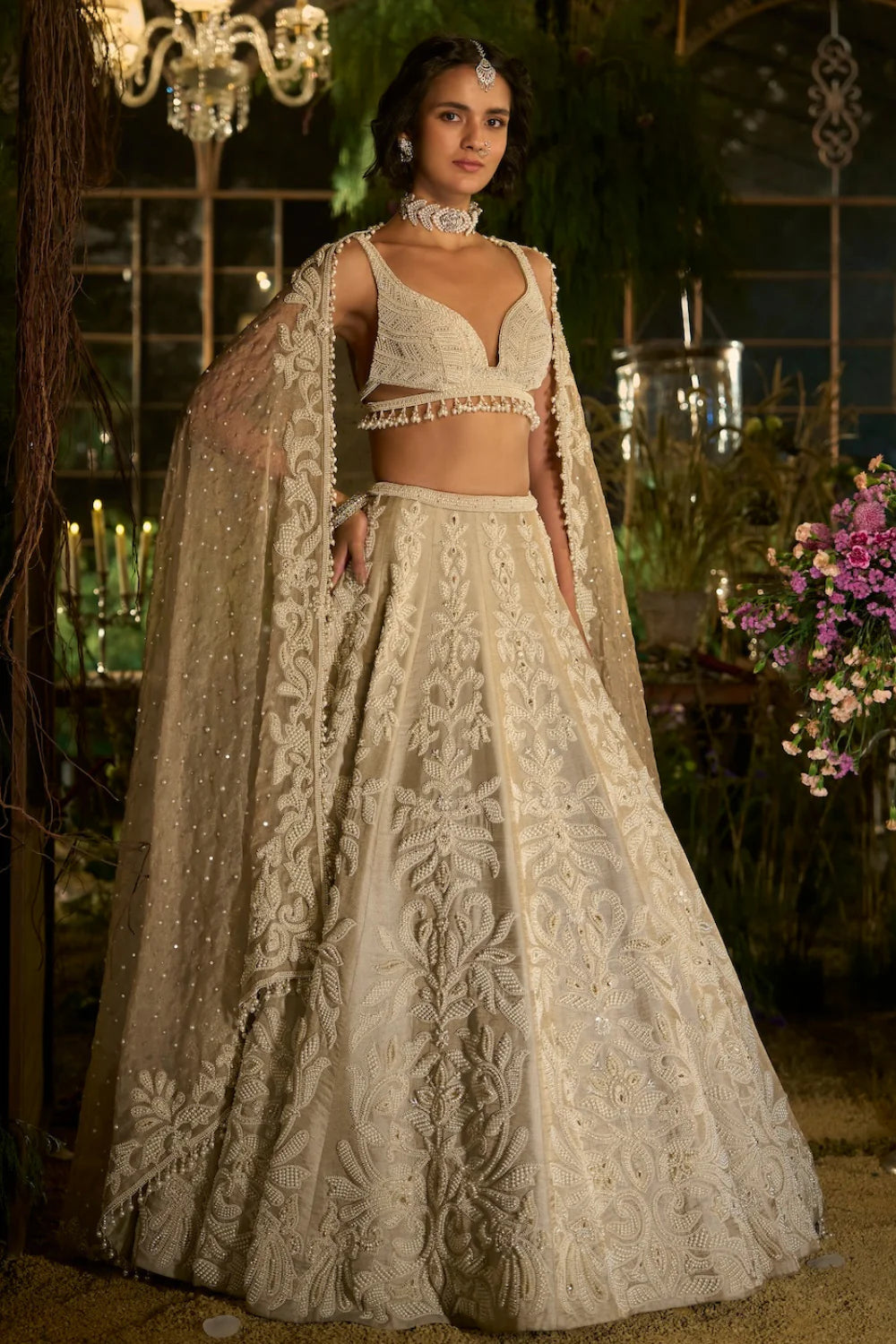 Seema Gujral - Champagne Pearl Lehenga Set