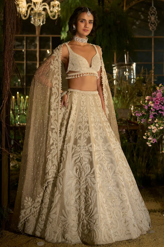 Seema Gujral - Champagne Pearl Lehenga Set