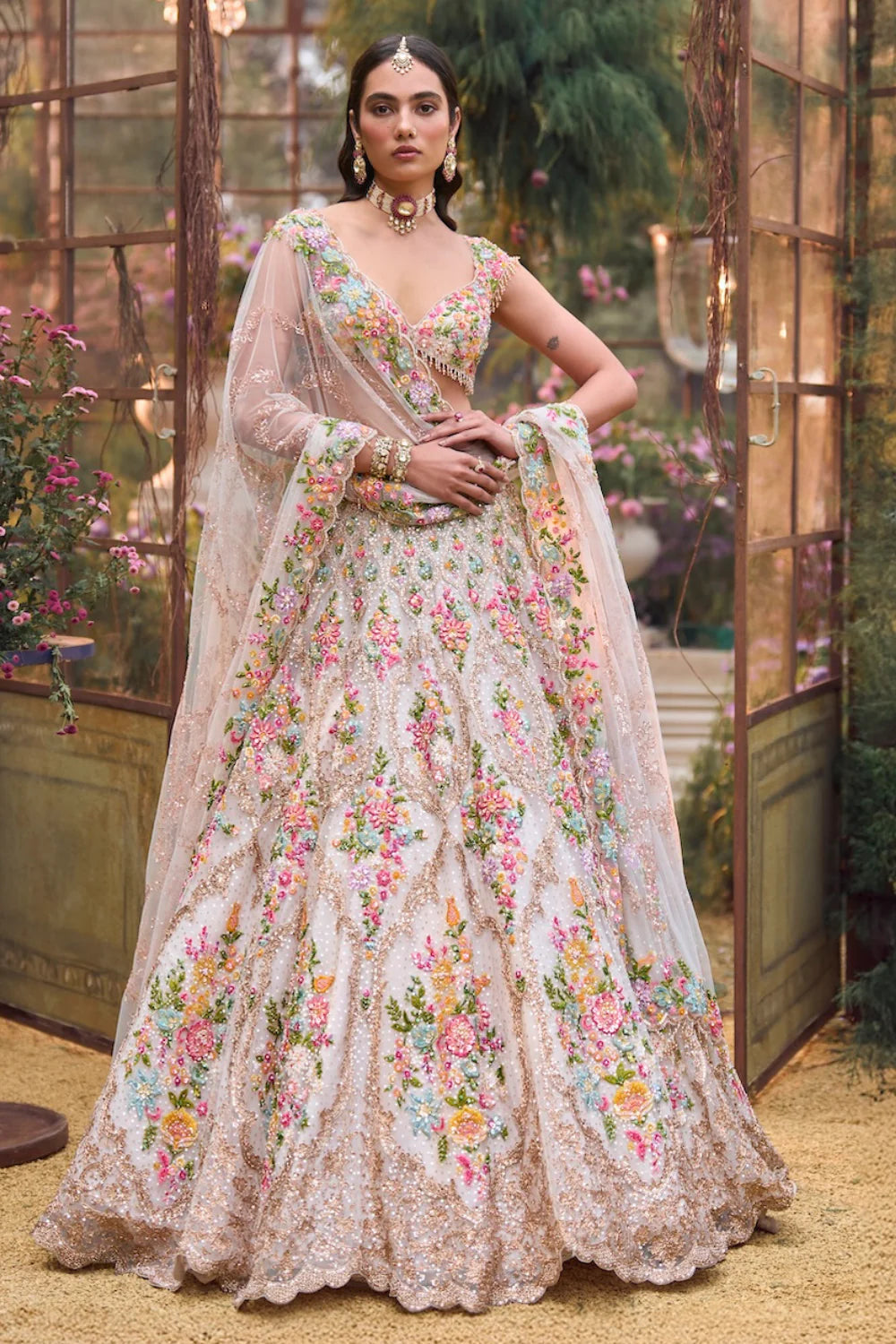 Seema Gujral - Cream Multi-Coloured Floral Lehenga Set