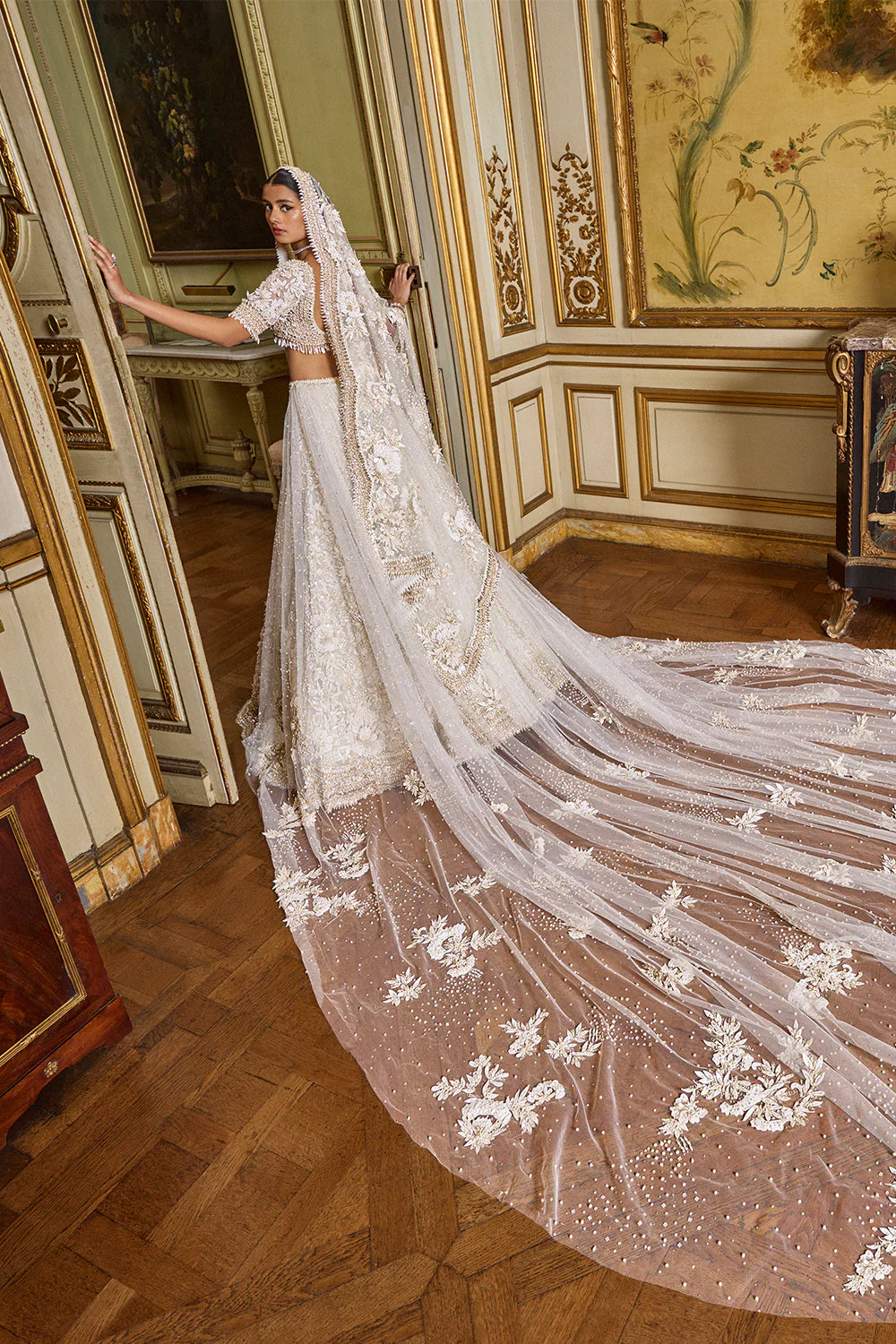 Seema Gujral - Ivory Gold Three-Dimensional Lehenga Set