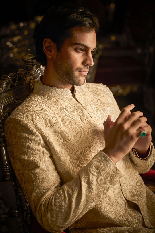 Seema Gujral - Cream Abstract Sherwani Set