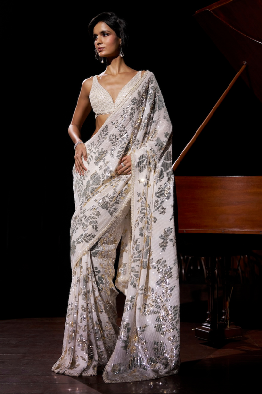 Seema Gujral - Gold Silver Sequin Georgette Saree