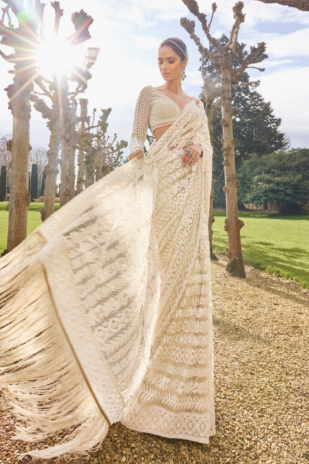 Seema Gujral - Nude Cream Stripe Saree