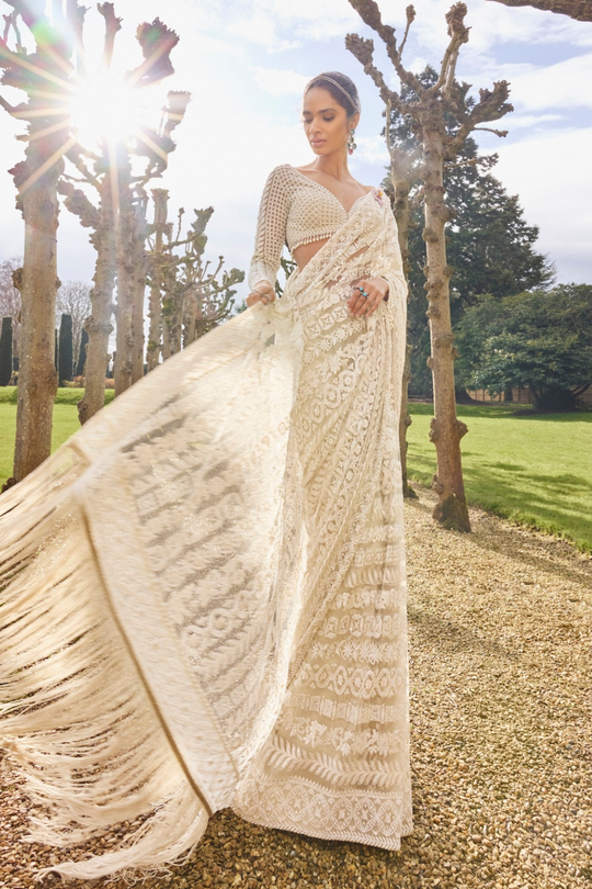 Seema Gujral - Nude Cream Stripe Saree