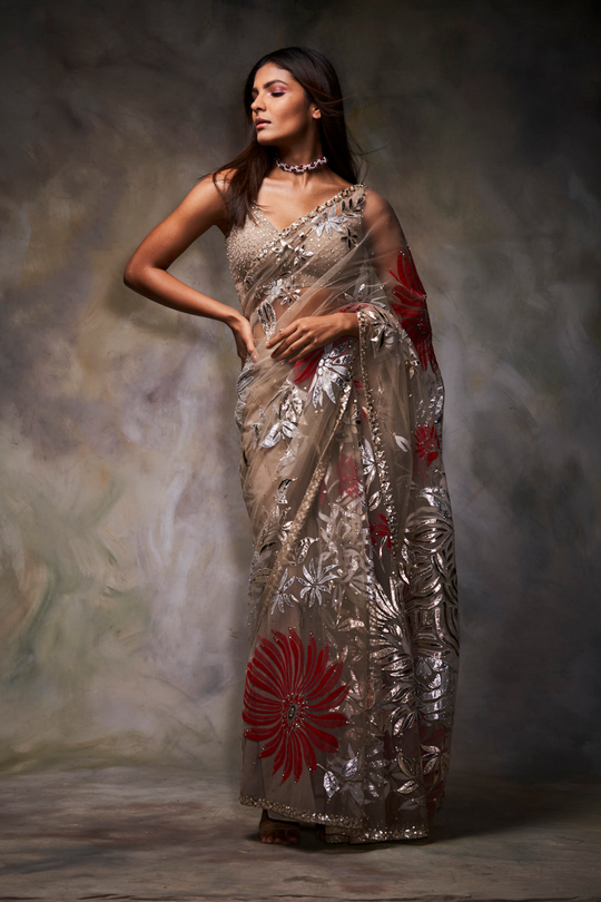 Seema Gujral - Nude Metallic Applique Saree