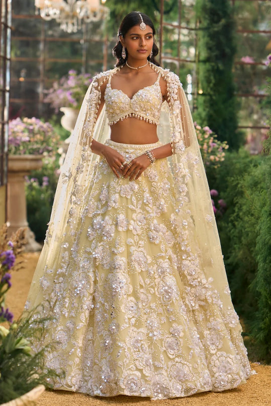 Seema Gujral - Lime Yellow Floral Lehenga Set