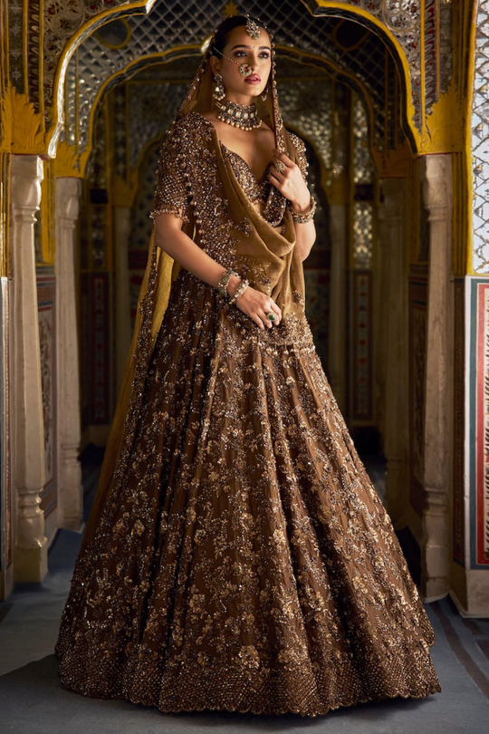Seema Gujral - Bronze Tissue Lehenga Set