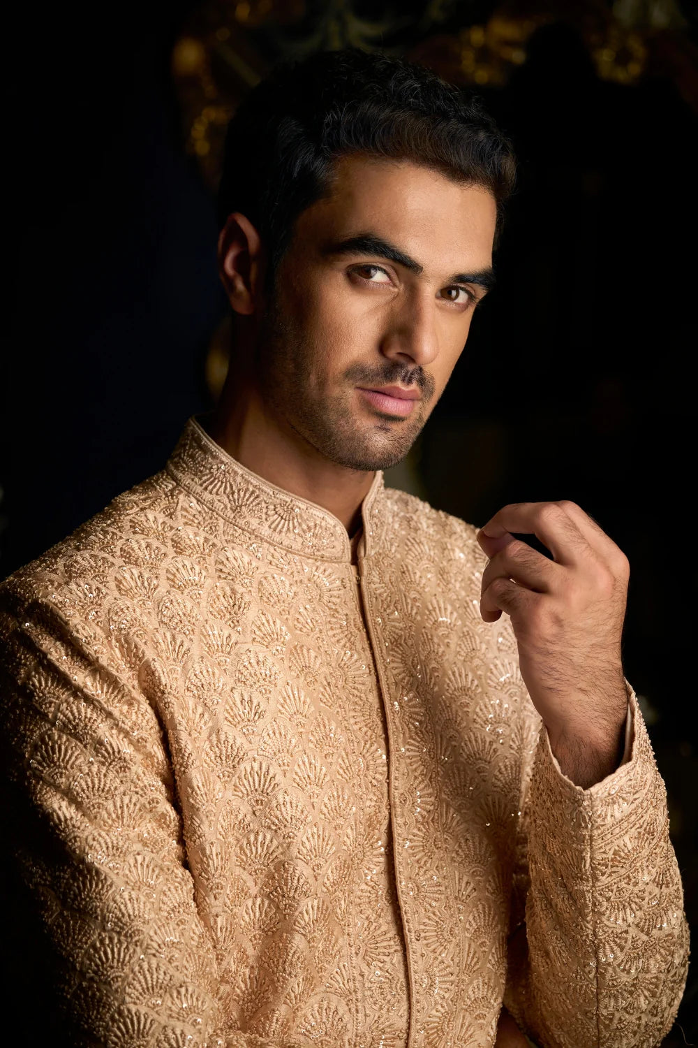 Seema Gujral - Peach Thread Sequin Sherwani Set