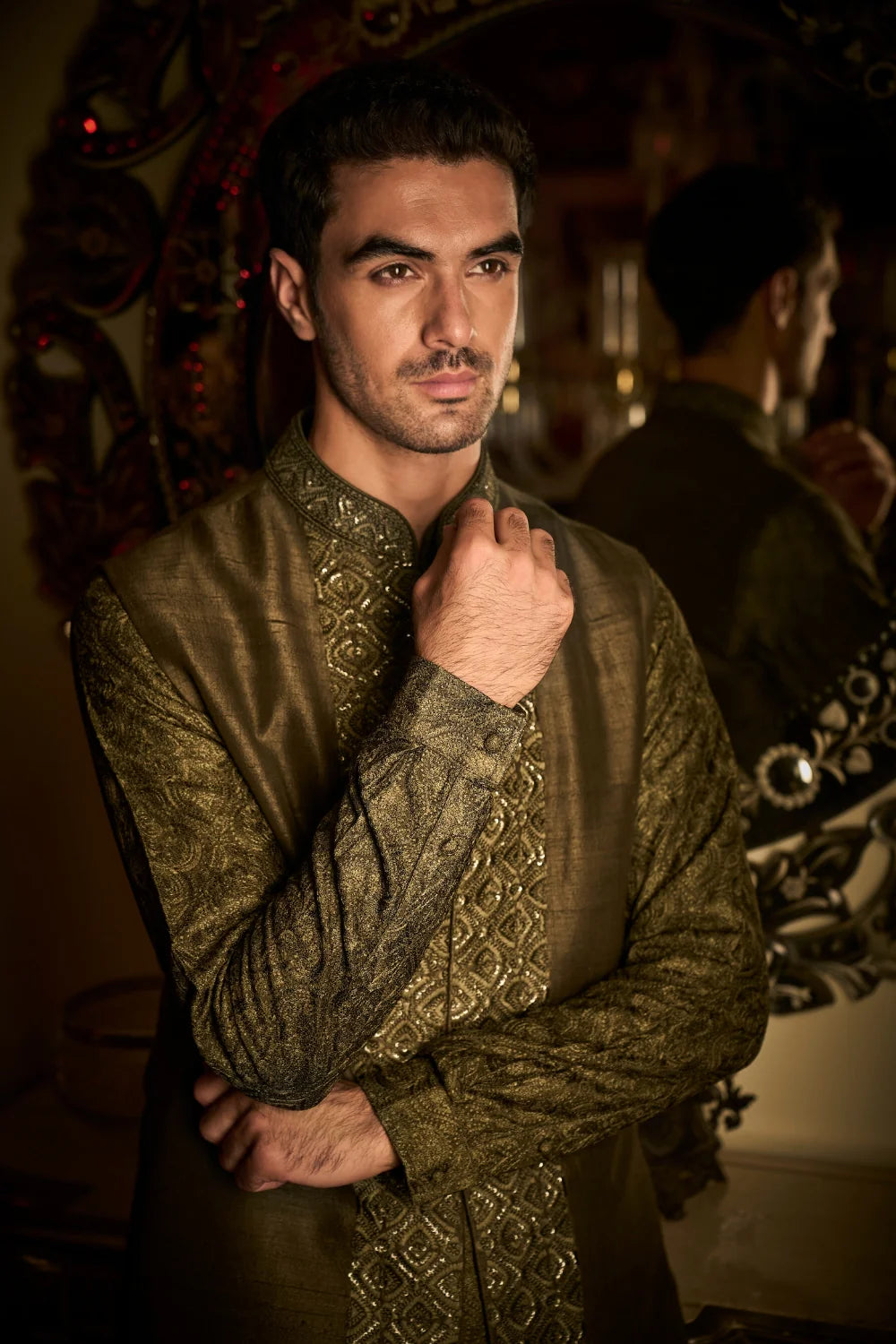 Seema Gujral - Military Green Bundi Set