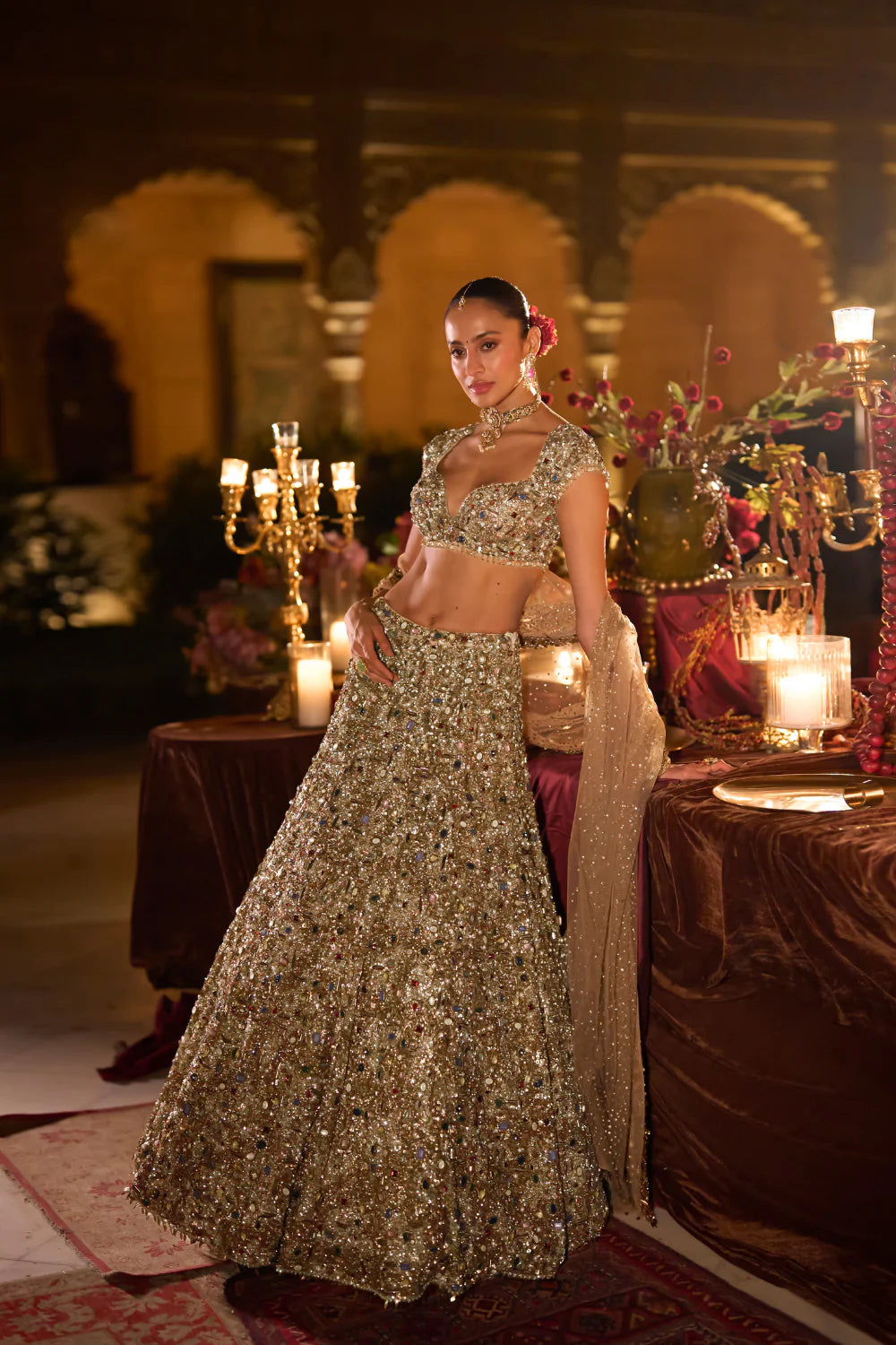 Seema Gujral - Antique Gold Jeweled Lehenga Set