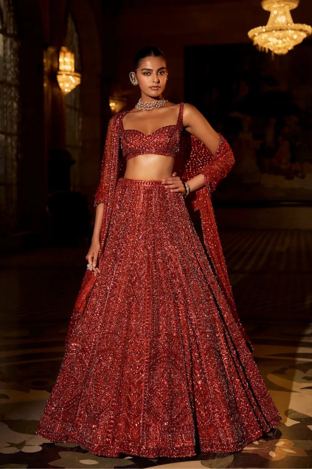 Seema Gujral - Brick Red Crystal Lehenga Set