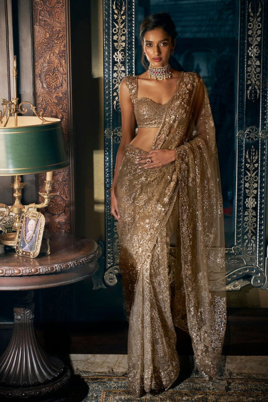 Seema Gujral - Antique Gold Sequin Saree