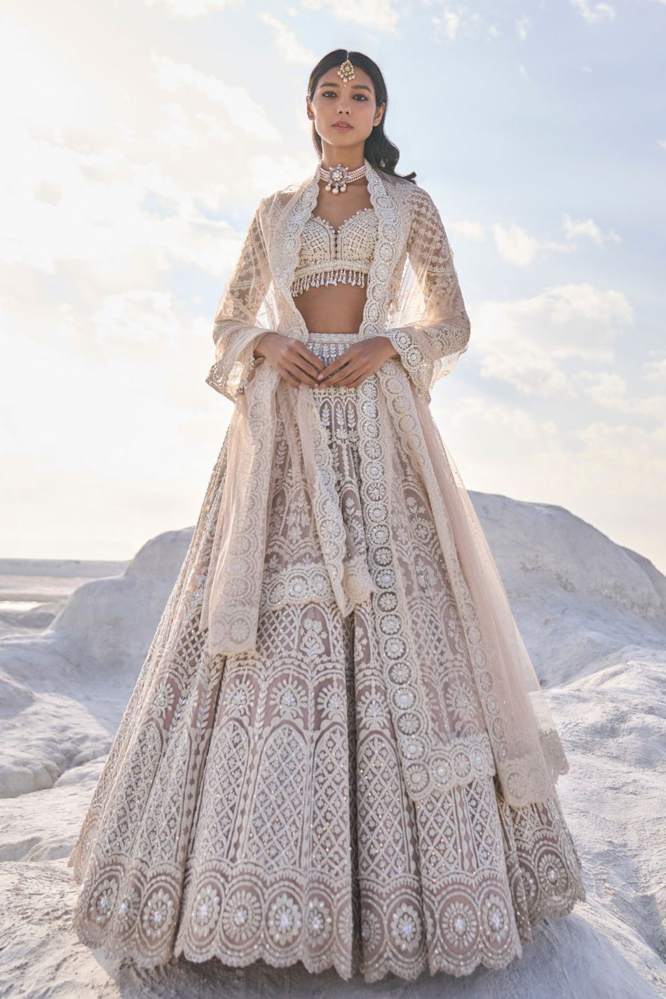 Seema Gujral - Nude Cream Dori Lehenga Set