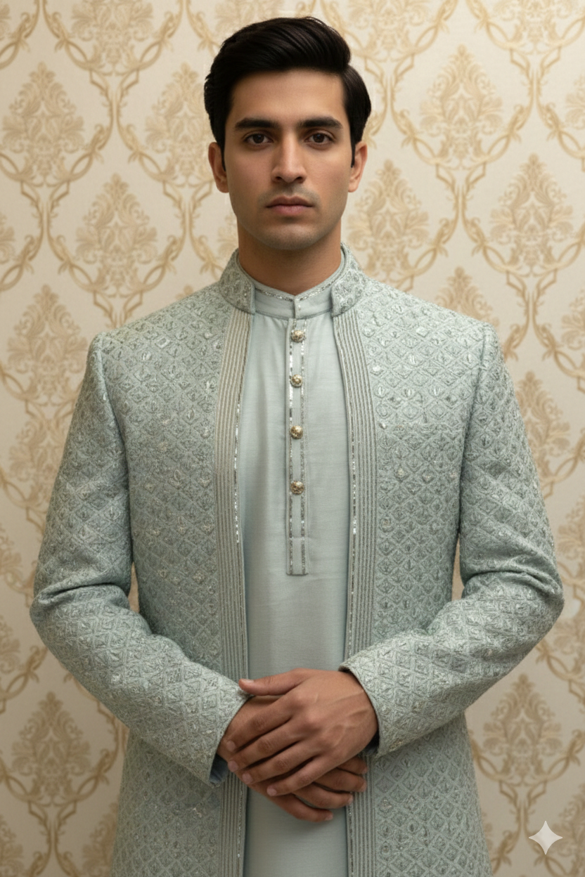 Pastel Icy Blue Sherwani Jacket