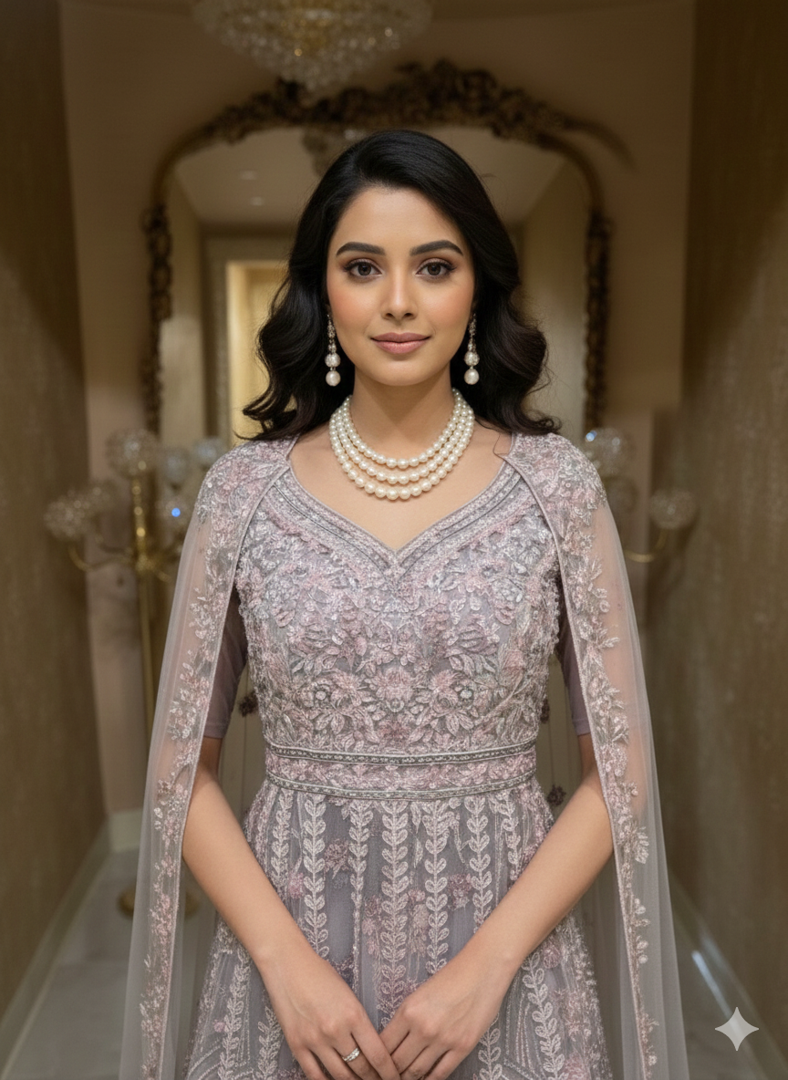 Lavender Embellished Indo-Western Cape Gown