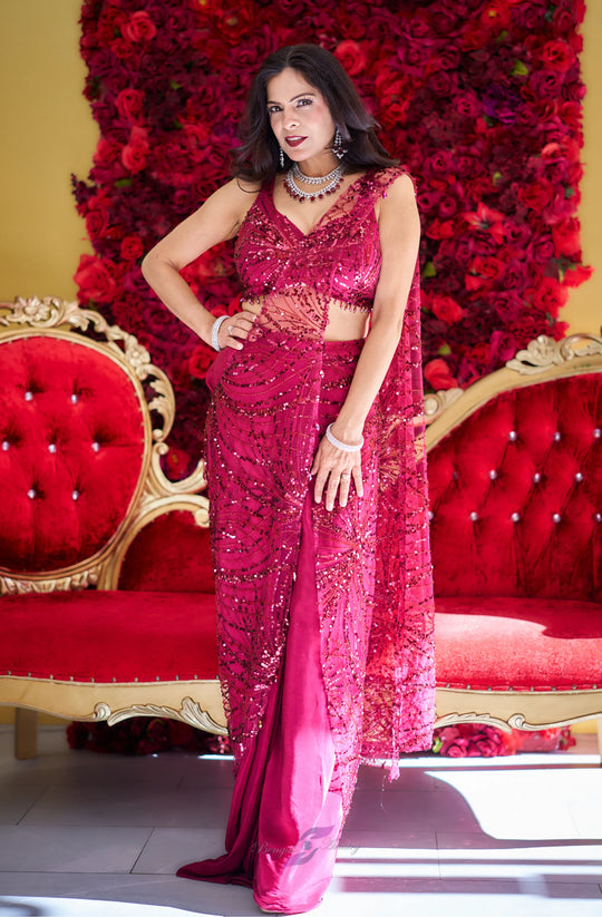 Mahira — Crimson Sparkle Draped Cocktail Saree