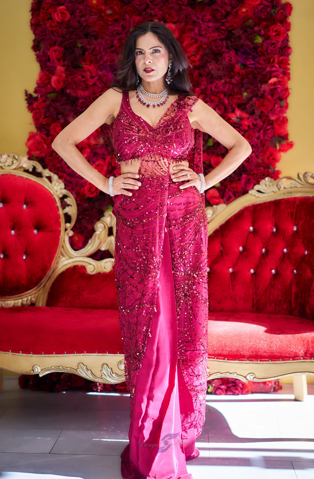 Mahira — Crimson Sparkle Draped Cocktail Saree